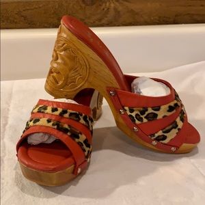 Rockabilly Lucky Lou Shoes Red/Leopard Tiki Wedges